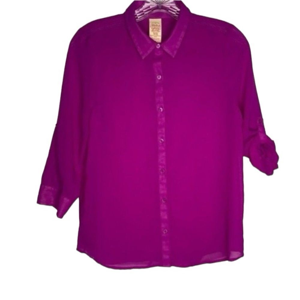 5/$15 Faded Glory Pink Purple Button Down Sheer Top Girls XL 14-16